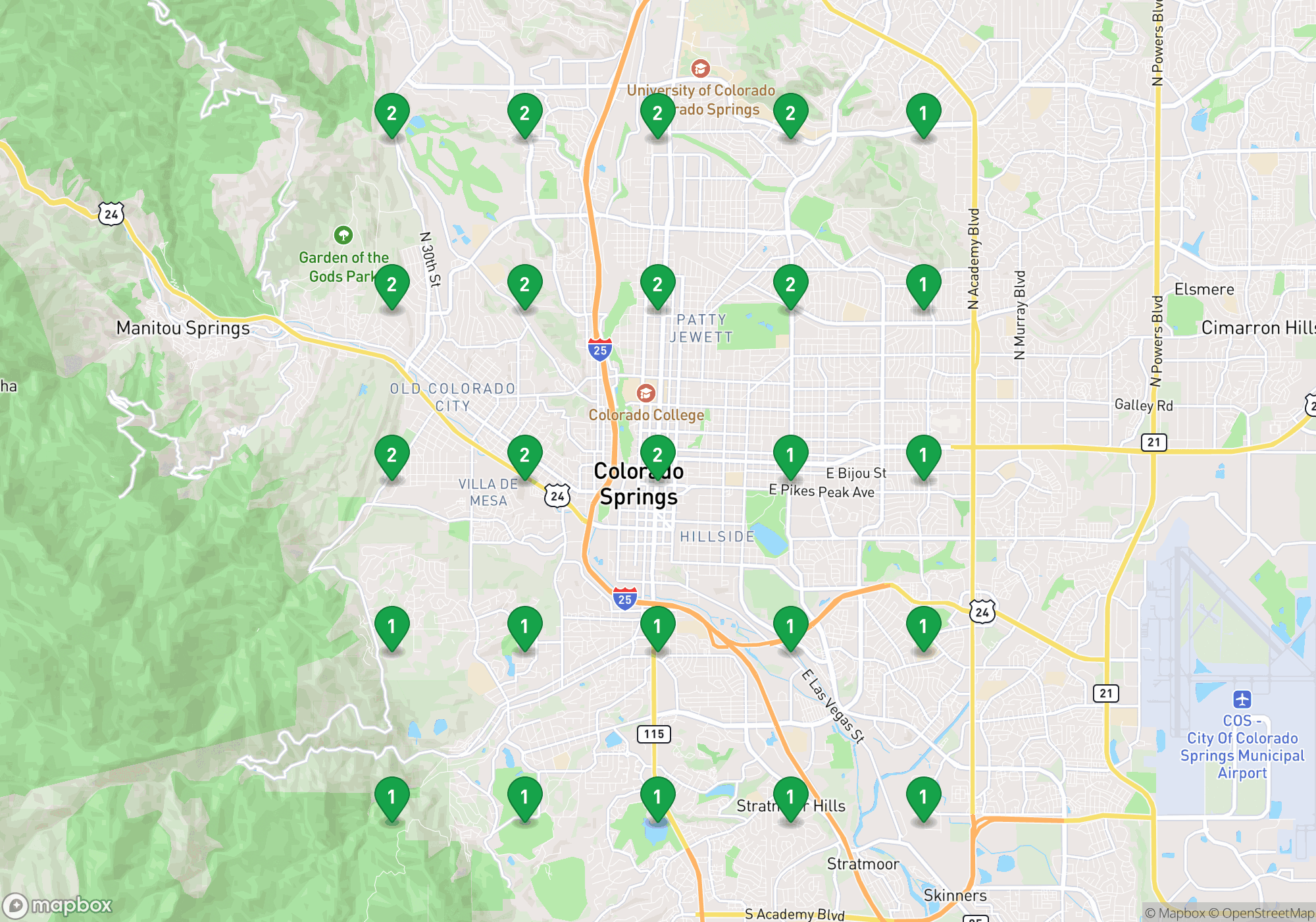 Map of Colorado Springs with 25 green rank pins showing Executive Pro-Dry ranking number 1 or 2 for mold remediation at every scan point