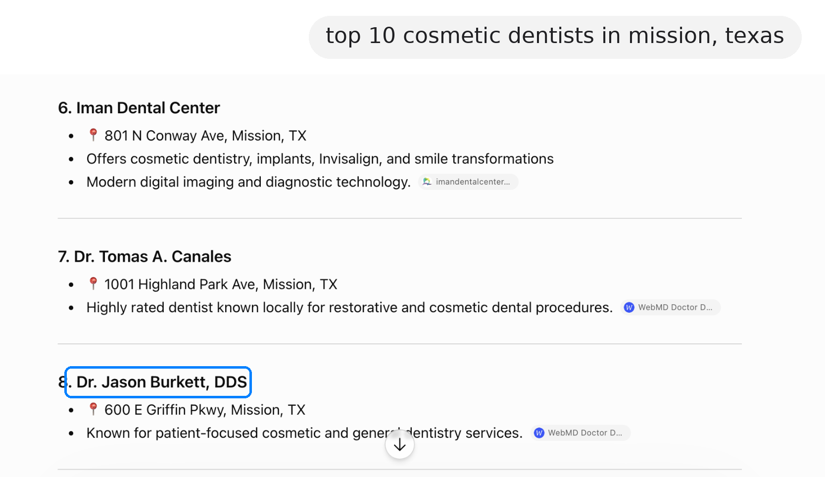 ChatGPT recommending Dr. Jason Burkett, DDS for "top 10 cosmetic dentists in mission, texas"