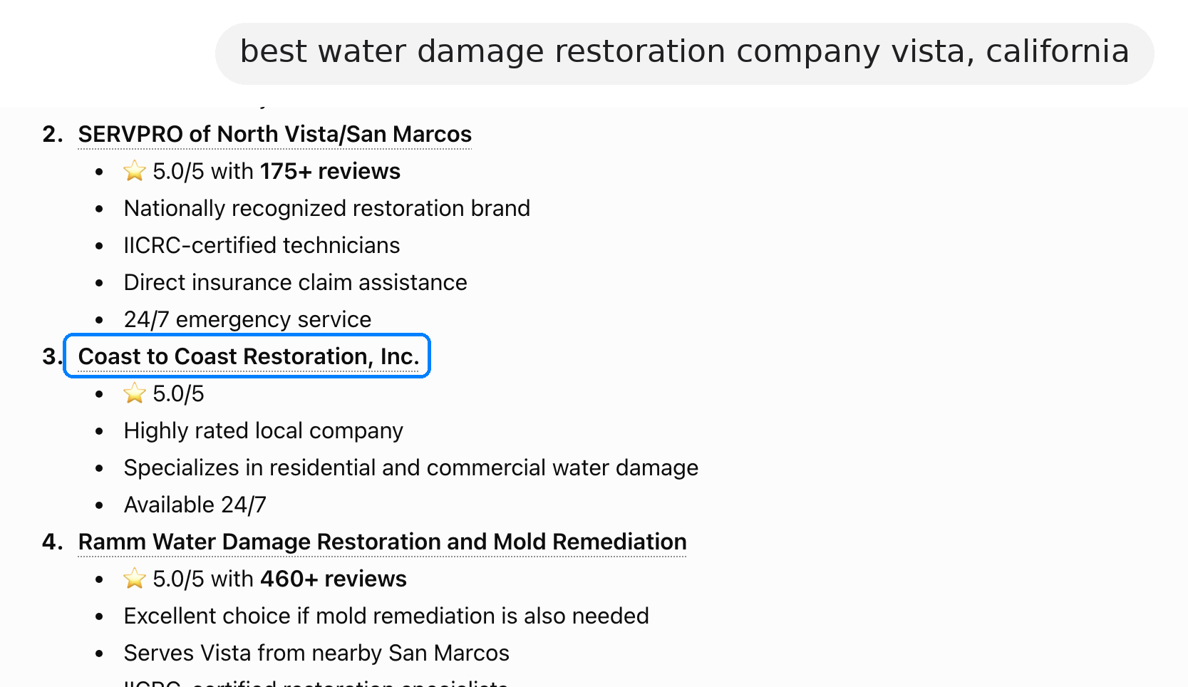 ChatGPT recommending Coast to Coast Restoration for "best water damage restoration company vista, california"