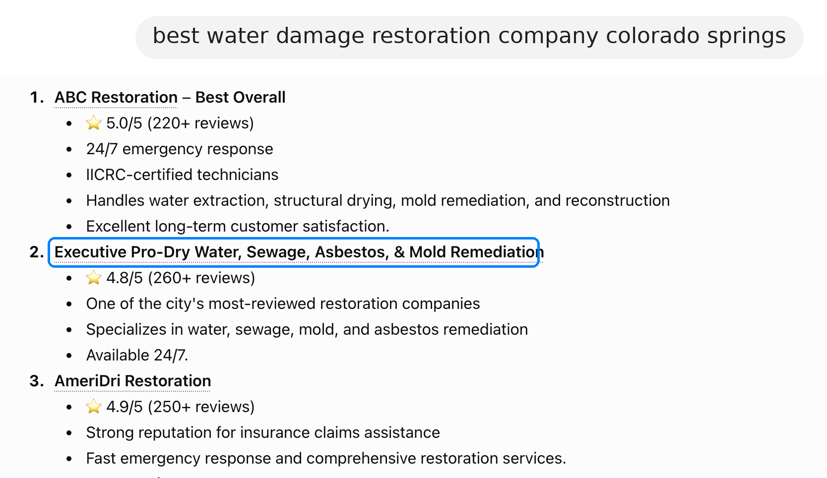 ChatGPT recommending Executive Pro-Dry for "best water damage restoration company colorado springs"