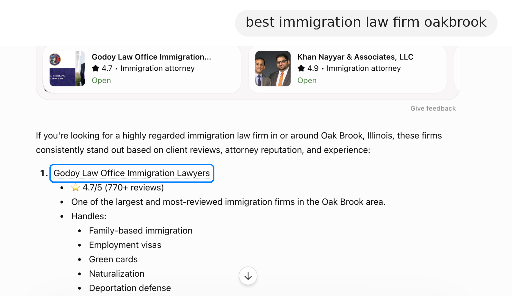 ChatGPT recommending Godoy Law Office for "best immigration law firm oakbrook"