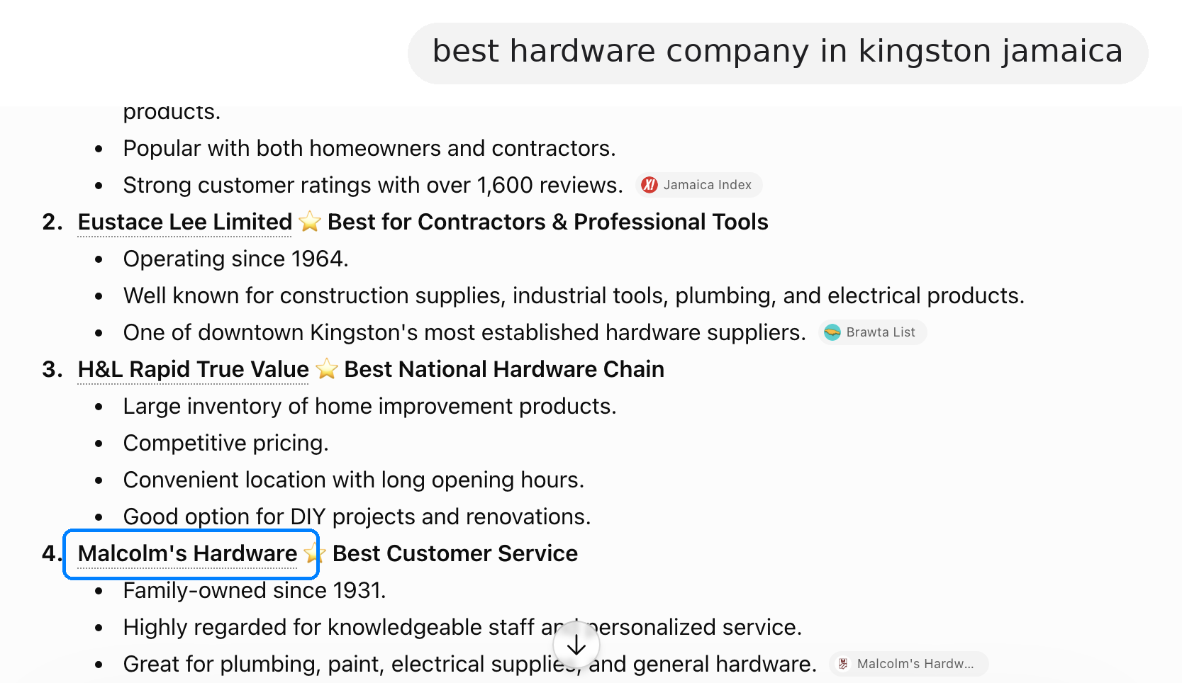 ChatGPT recommending Malcolm's Hardware for "best hardware company in kingston jamaica"
