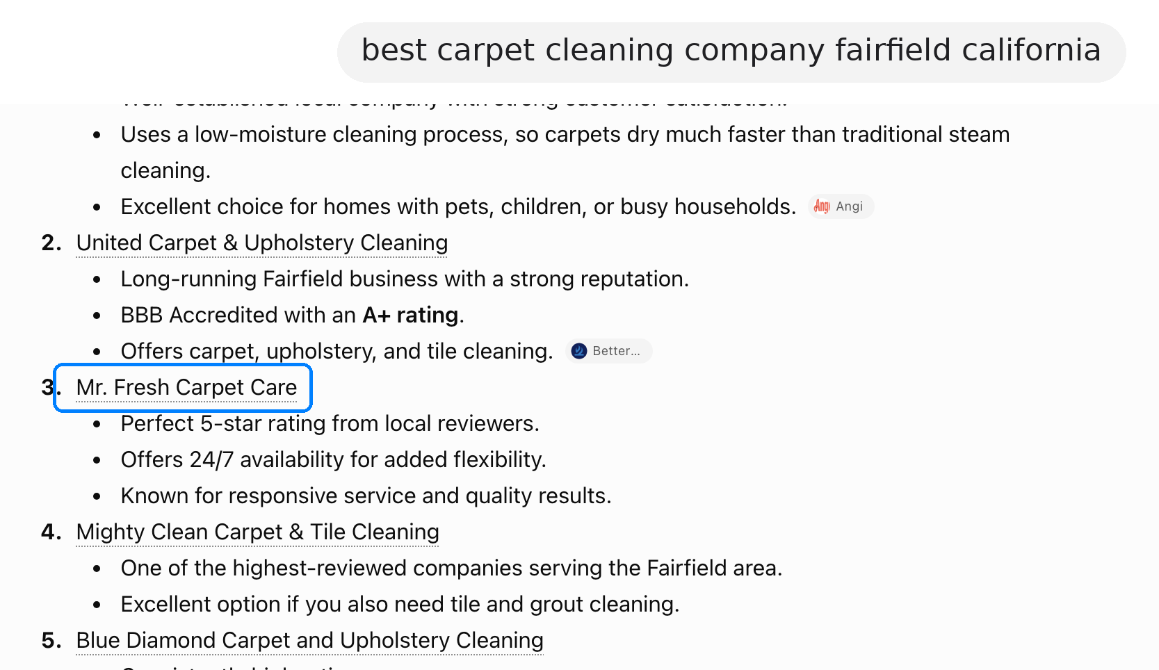 ChatGPT recommending Mr. Fresh Carpet Care for "best carpet cleaning company fairfield california"