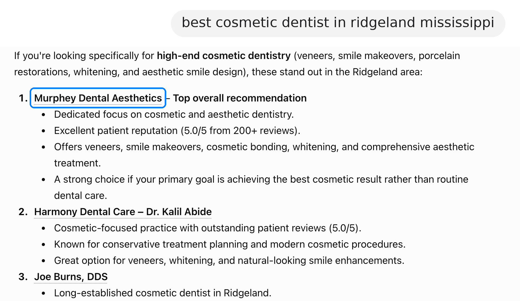 ChatGPT recommending Murphey Dental Aesthetics for "best cosmetic dentist in ridgeland mississippi"